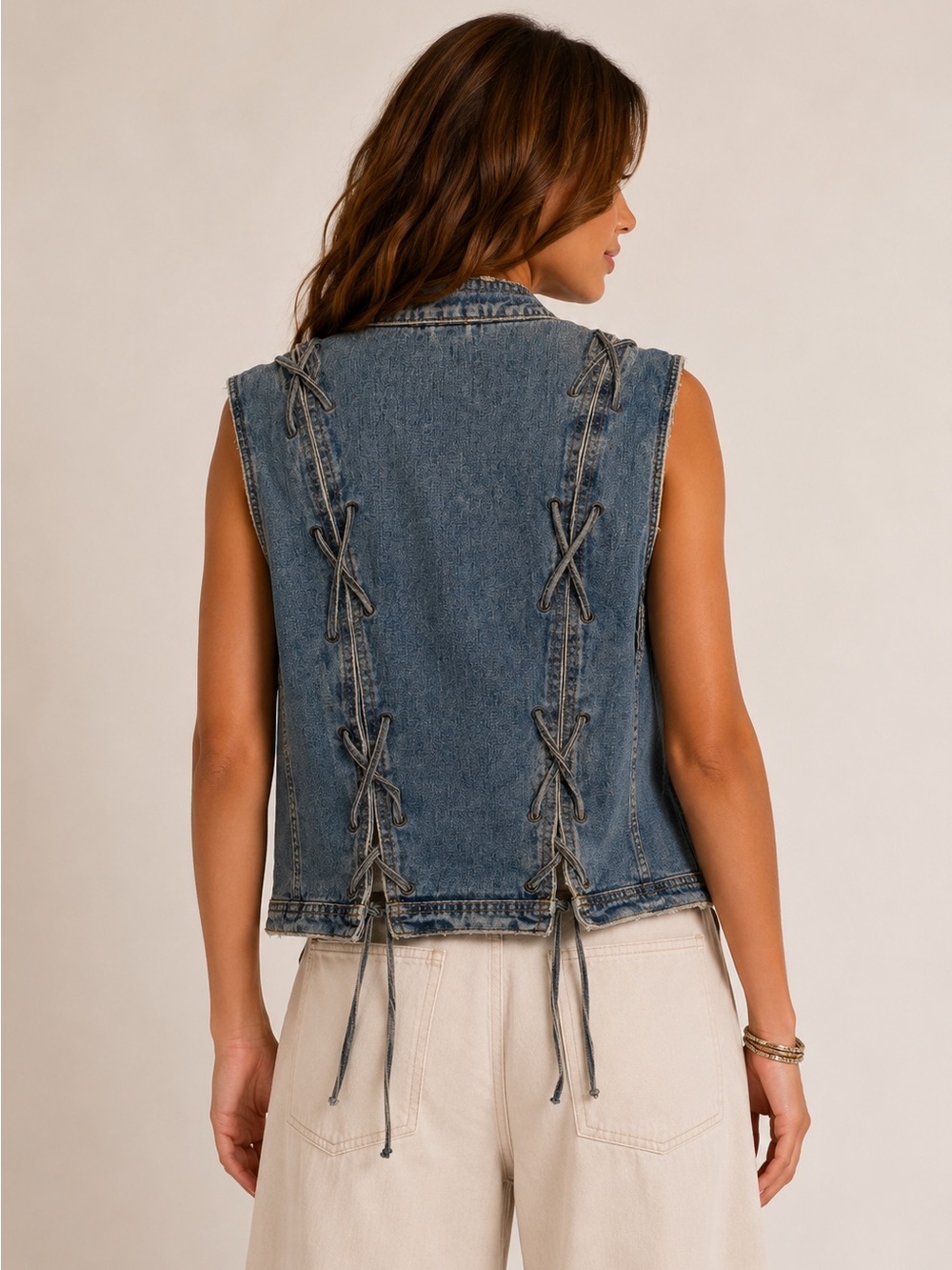 Free People Denim Lace Up Vest Size L Blue Western Utility Boho